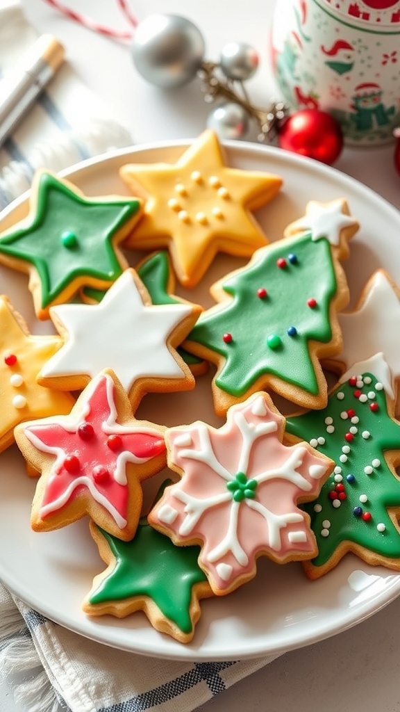 A plate of decorated Christmas sugar cookies in festive shapes with colorful icing and sprinkles.